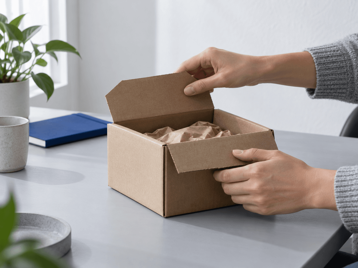 Hands opening a plain cardboard parcel on a table